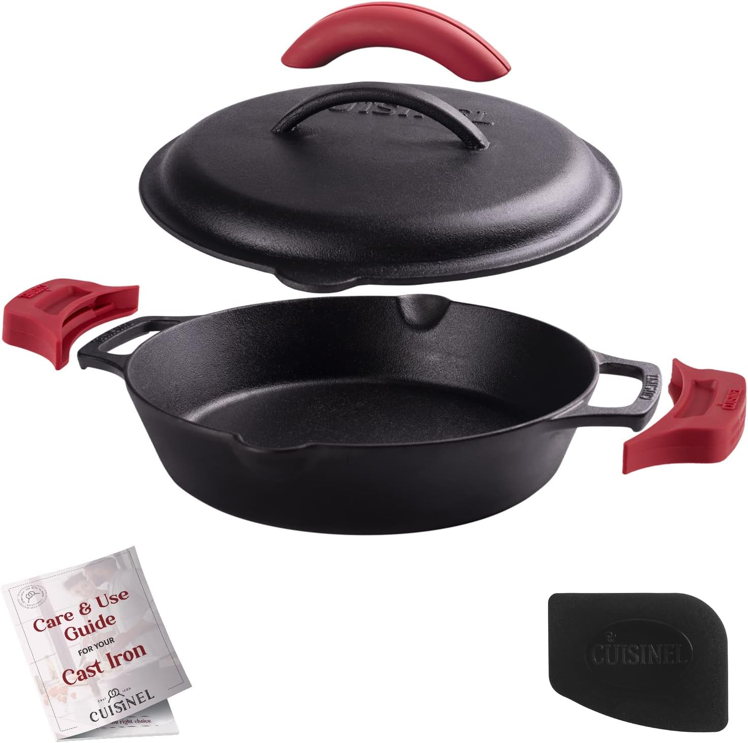 Cuisinel Cast Iron Skillet with Lid - 10"-Inch Pre-Seasoned Frying Pan + Glass Cover + Heat-Resistant Handle Holder - Indoor/Outdoor Use - Grill, Stove, Camp Firepit, Induction - Oven Safe Cookware