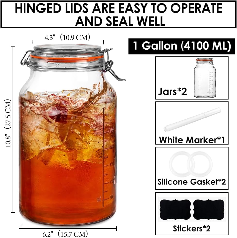 1 Gallon Glass Jars with Lids, 2 Pack Wide Mouth Mason Jars, 138 oz