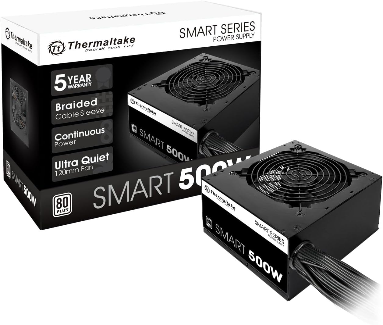 Thermaltake Smart 500W 80+ White Certified PSU, Continuous Power with 120mm Ultra Quiet Cooling Fan, ATX 12V V2.3/EPS 12V Active PFC Power Supply PS-SPD-0500NPCWUS-W
