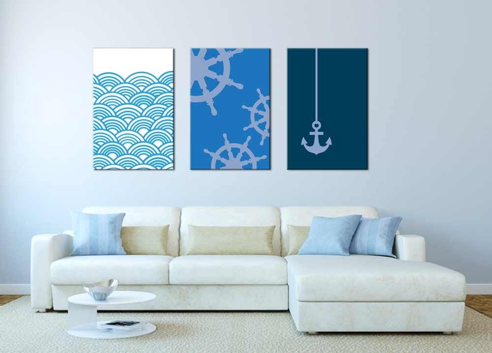 wall26 Canvas Prints Wall Art - Ocean Themed 3 Panel Wall Art with Wave,Anchor and Rudder - 16"x24" x 3 Panels