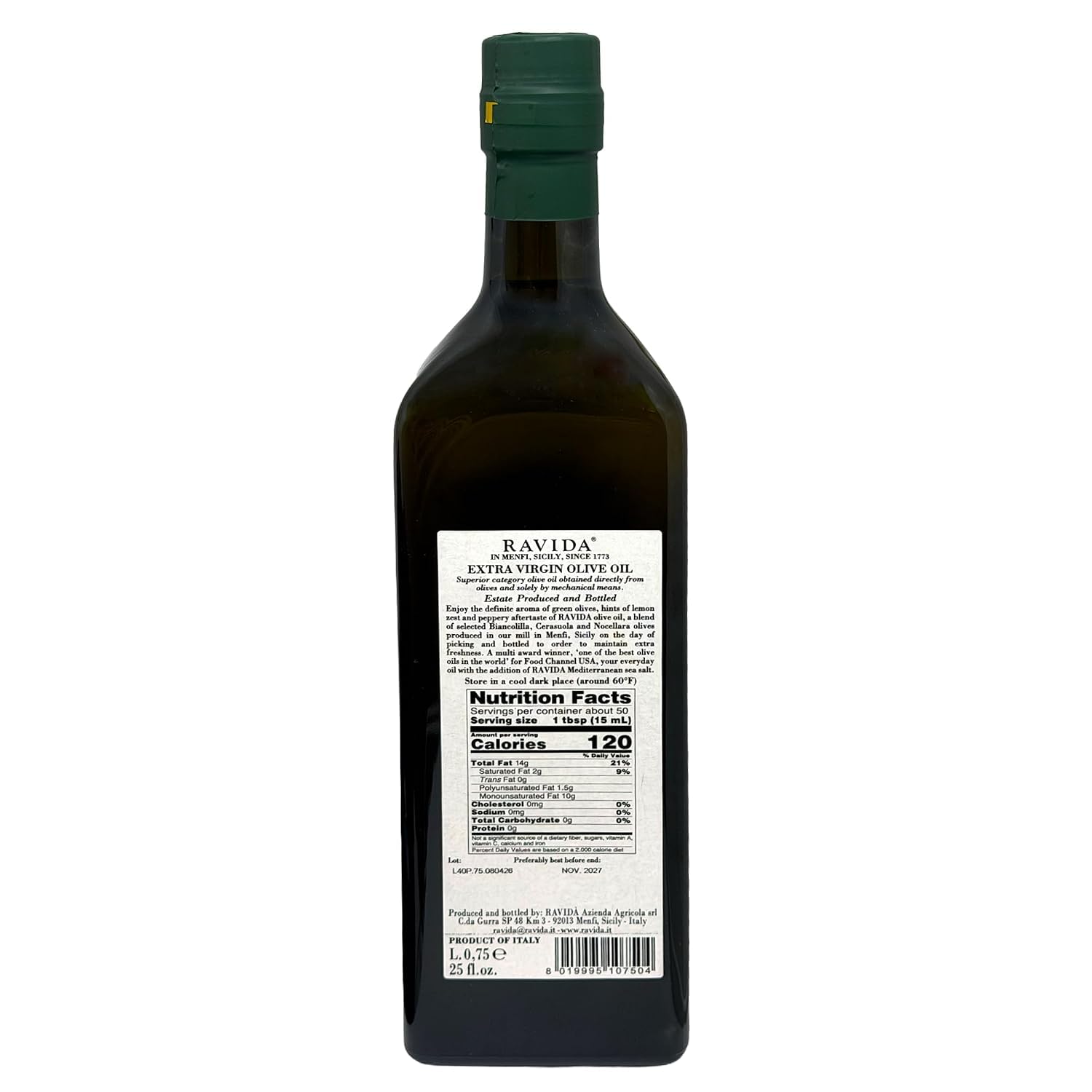 Ravida Extra Virgin Olive Oil, 25 Fl Oz– Multi Award-Winning Sicilian EVOO, Cold Extracted, Medium Fruity, Premium First Cold Pressed Olive Oil