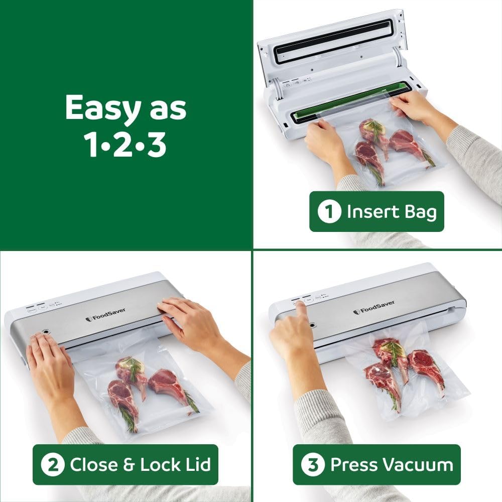 FoodSaver Compact Vacuum Sealer Machine with Airtight Bags and Roll - Ideal for Sous Vide and Airtight Food Storage, White
