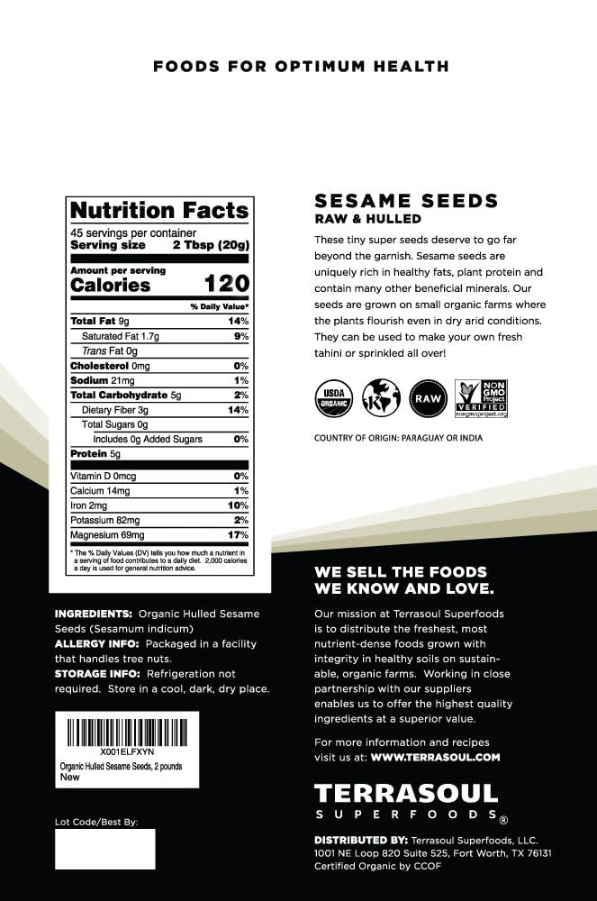 Terrasoul Superfoods Organic Hulled Sesame Seeds, 2 Lbs - Perfect for Tahini | Gluten-free | Raw