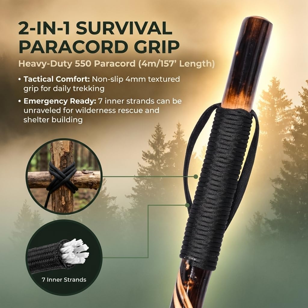 FOREST PILOT Handcrafted Nature Wood Hiking Stick 55 Inches Long - with Hand Strap and Rubber Tip Cover - Transparent Waterproof Painting Coating