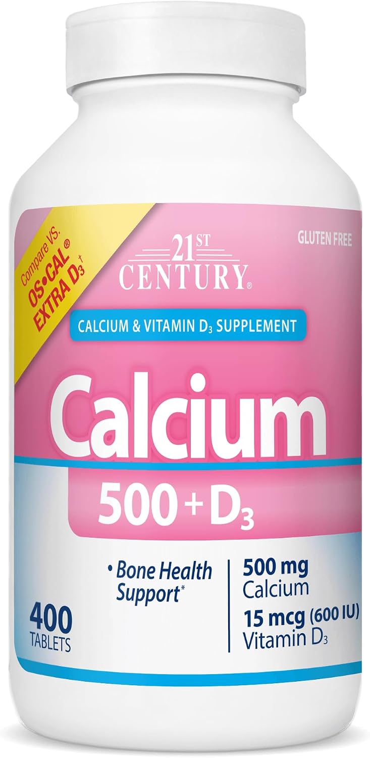 21st Century Calcium 500 Plus Extra D3 Caplets, Bone Health, 400 Count | Calcium 500 mg with Extra Vitamin D3 600 IU, Bone Strength & Density Support