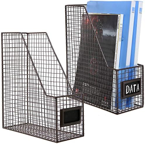 MyGift Metal Wire Magazine Holder in Rustic Brown Finish, Desktop Document and File Folder Storage Bin with Chalkboard Label for Home, Office, School