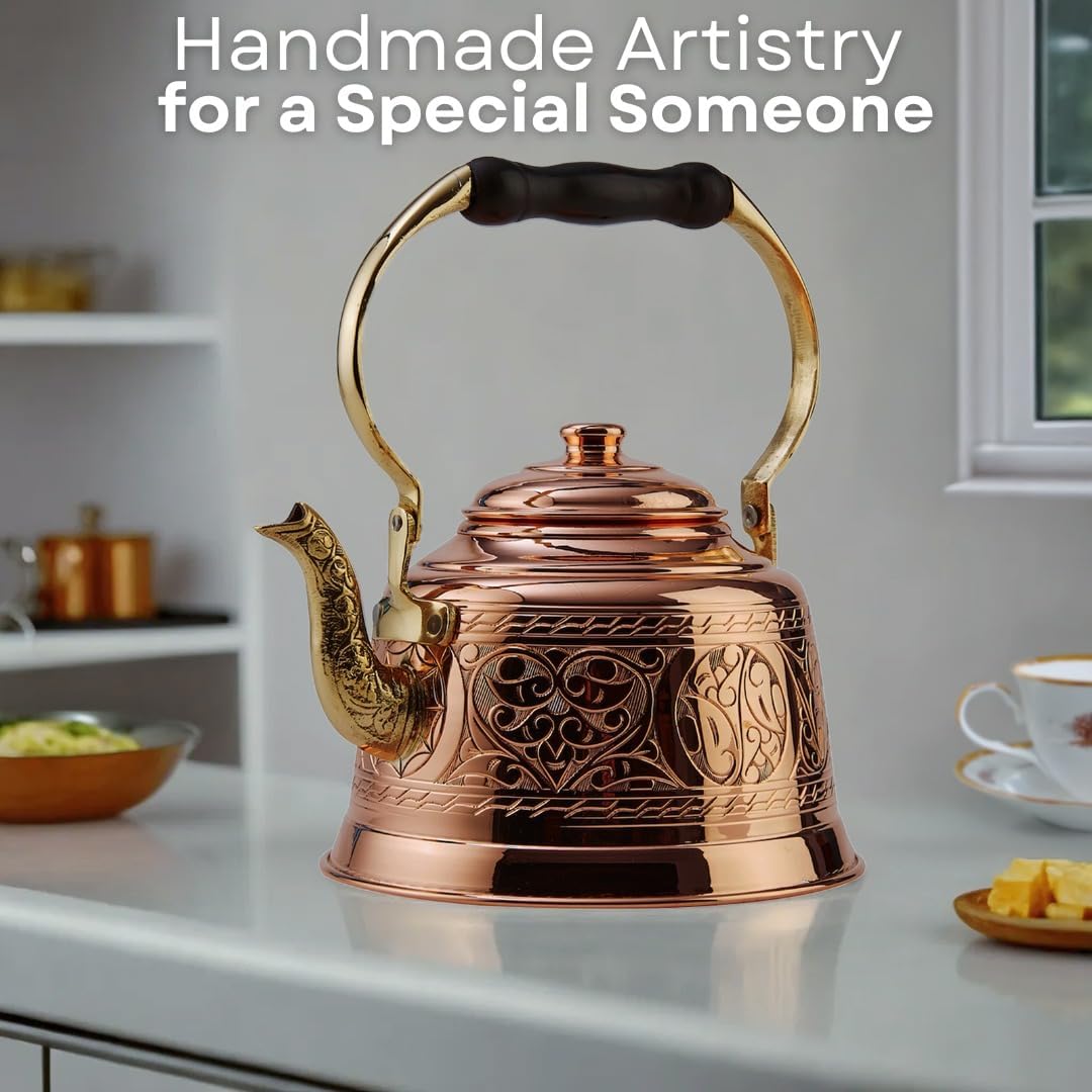 DEMMEX Heavy Gauge 1mm Thick Engraved Solid Copper Tea Pot Kettle Stovetop Teapot, Handmade (1.6-Quarts - Engraved)