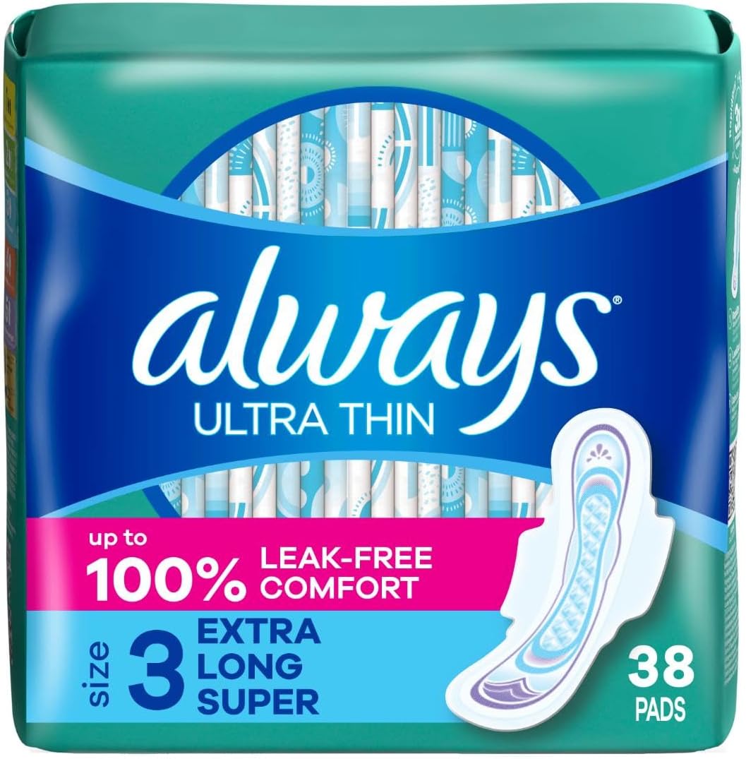 Always Ultra Thin Feminine Pads with Wings for Women, Size 3, Extra Long Super Absorbency, Unscented, Up to 100% Leak-Free Protection, 84 Count Total