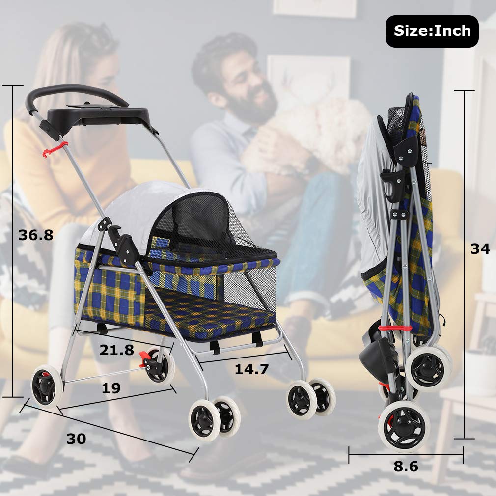 Pet Stroller 4 Wheels Posh Folding Waterproof Portable Travel Cat Dog Stroller with Cup Holder,Blue