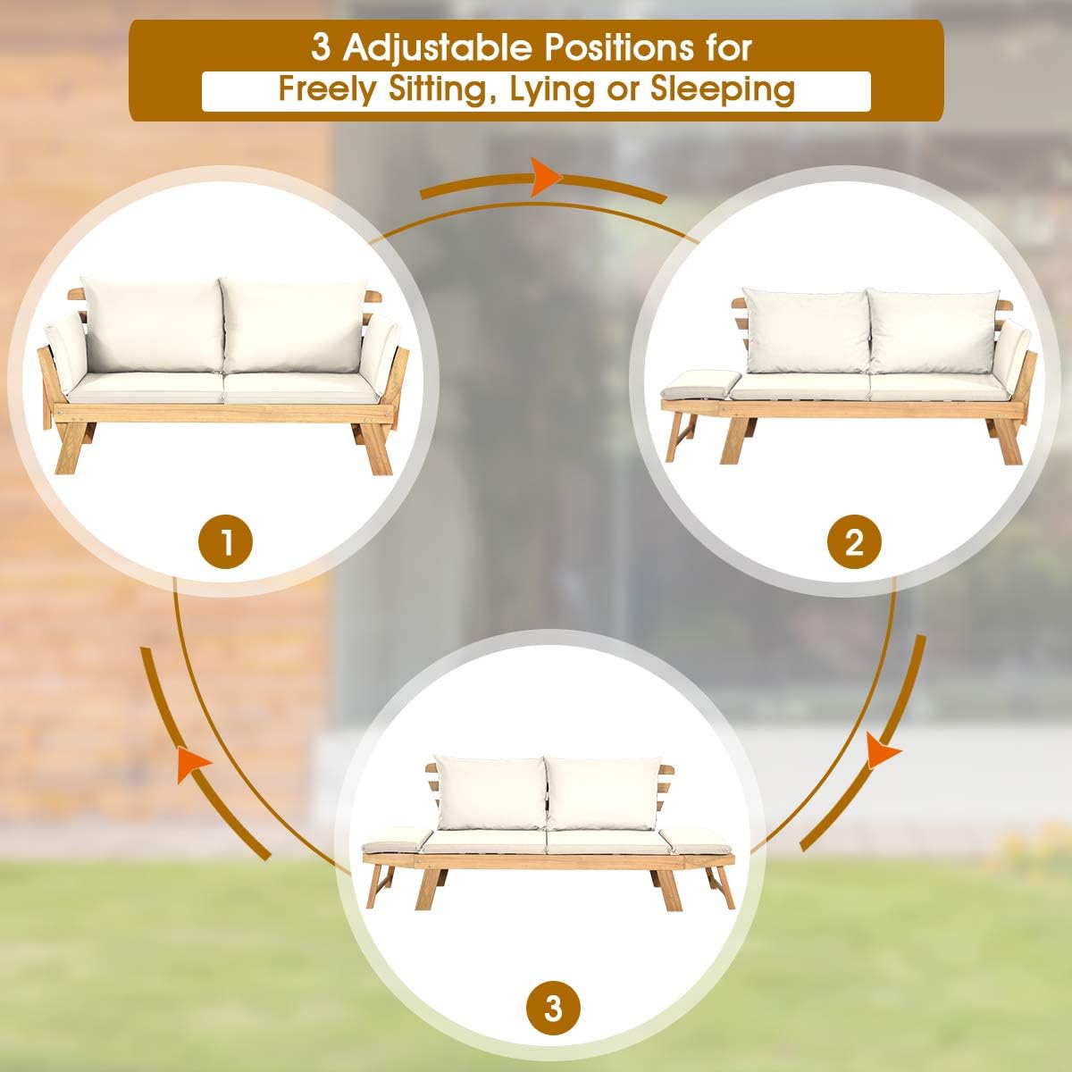 Tangkula Convertible Acacia Wood Patio Couch Sofa Bed with Adjustable Armrest, Outdoor Daybed with Cushion & Pillows