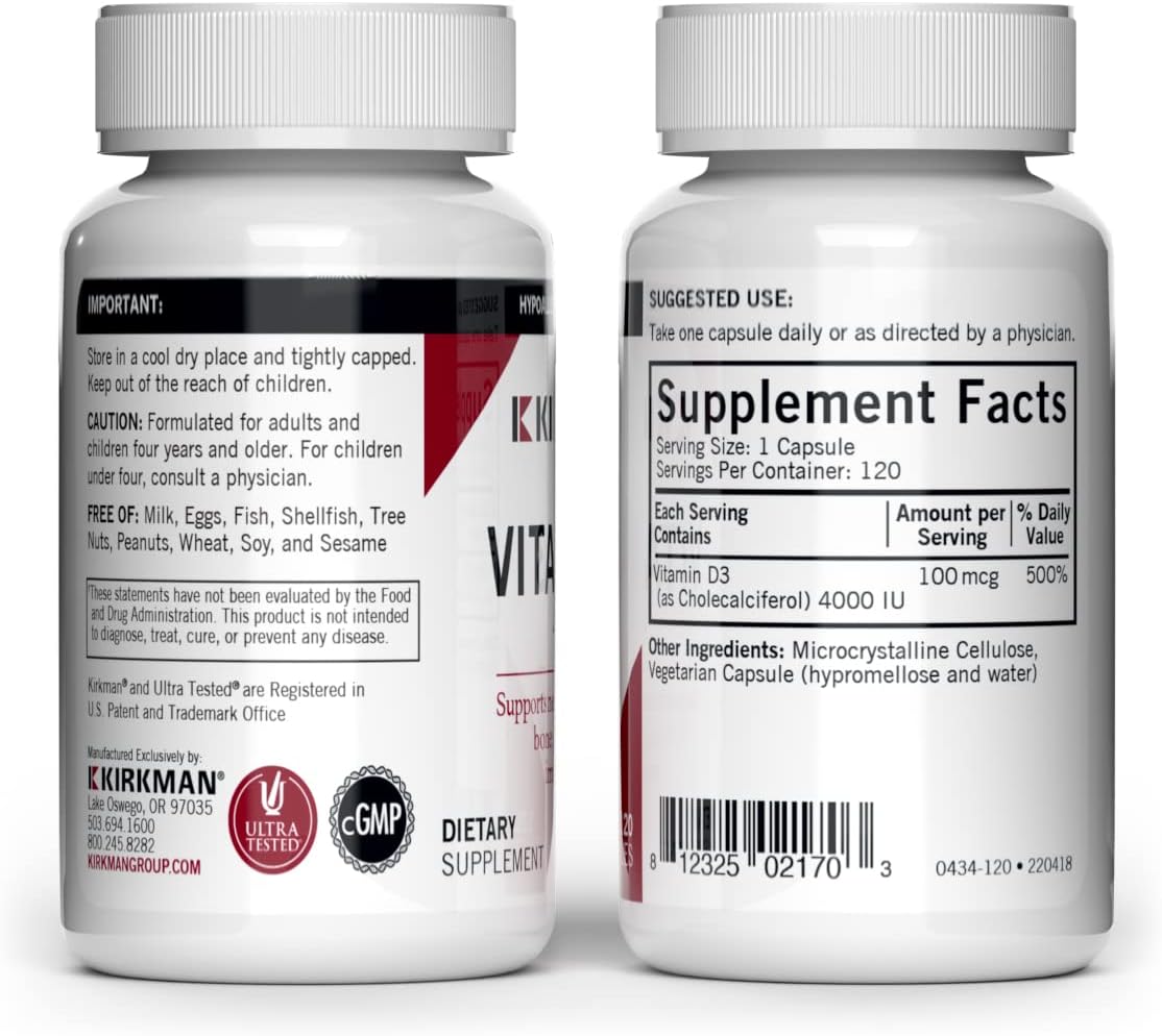 Kirkman Vitamin D-3 4000 IU - Hypoallergenic || 120 Vegetarian Capsules || Gluten Free || Casein Free || Capsules are Plant Based
