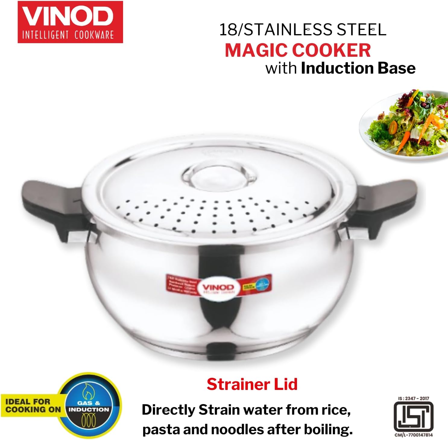Vinod Magic Stainless Steel Smart 3 in 1 Pressure Cooker 5.5 Litre | 5mm Thick Base | All in One Cooker with Strainer & Glass Lid | Induction and