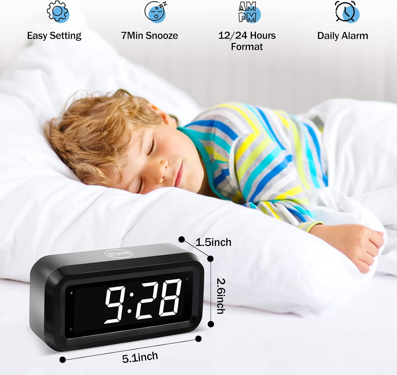 Digital Alarm Clock Battery Operated with LED Display for Bedrooms, Long Battery Life for 12 Months, 3 Brightness Adjustable, 12/24 Hour, Snooze, Black Case with Red Digits