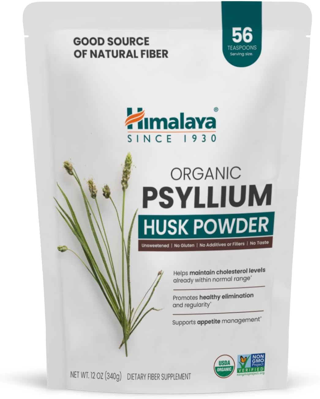 Himalaya USDA Organic Psyllium Whole Husk Powder, Natural Daily Fiber Supplement, Regularity, Appetite Management, Non-GMO, 56-Tablespoon Supply, Unflavored, 12 Oz