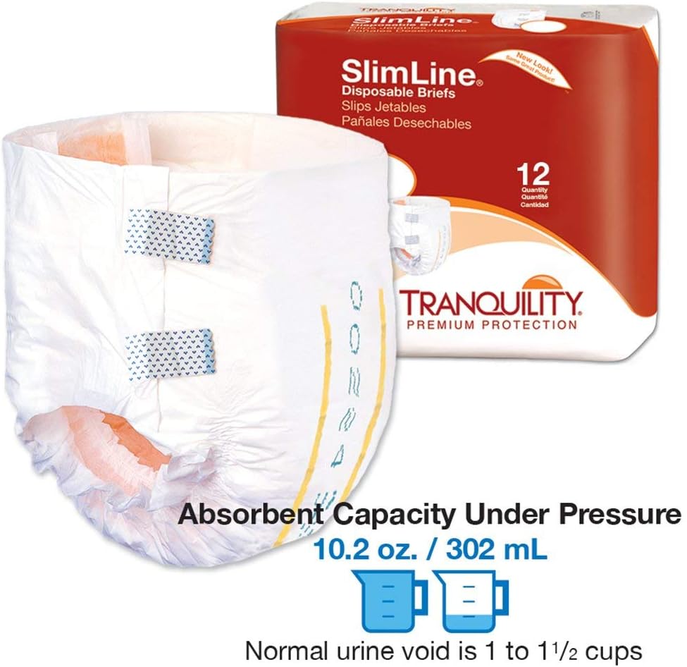Tranquility Slimline Original Adult Disposable Brief, Adult X-Small, Incontinence Care with a Slimmer Fit, Peach Mat Core & Kufguard Technology for Max Comfort, Latex-Free, 10.9oz Capacity, 100ct Case