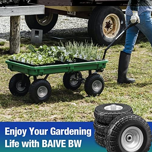 4 Pcs 4.10/3.50-4 Flat Free Tires and Dolly Wheel, 10" Solid Non-inflated Tires Wheels with 5/8 Ball Bearings, 2.24" Offset Hub for Wheelbarrow