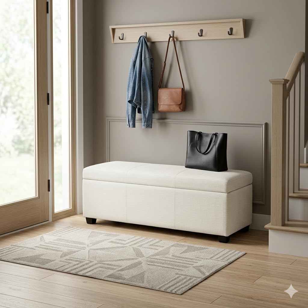 SIMPLIHOME Avalon 54" Wide Vegan Leather Storage Ottoman in Tanners Brown