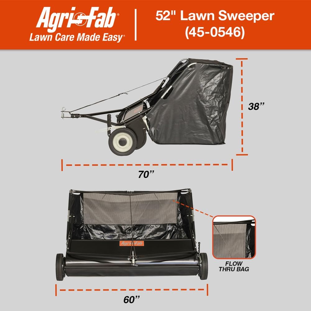 Agri-Fab 45-0546 52" Tow-Behind Lawn Sweeper, 26 cu. ft Hopper Bag Capacity, Leaf & Grass Catcher