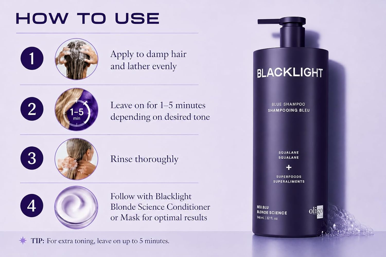 OLIGO PROFESSIONNEL - Blacklight Blue Shampoo - Sulfate-Free Blue Shampoo for Blonde and Color Hair - Revive Treated Hair - Refreshes Faded Highlights - 11 Amino Acids and Moisturizing Formula - 8.5oz