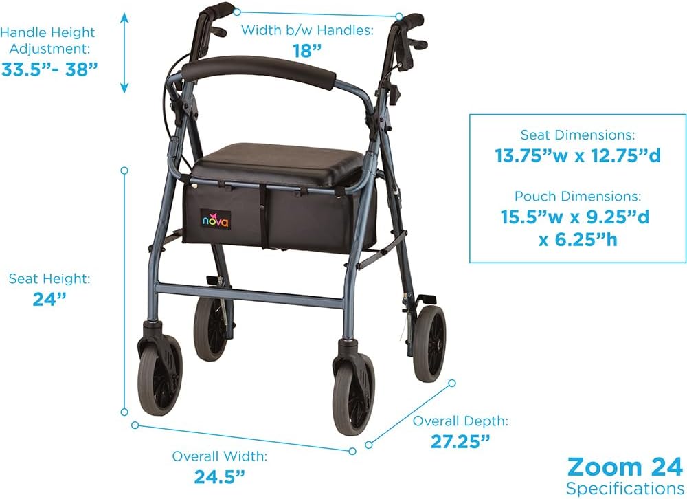 NOVA Zoom 22 Rollator Walker for Seniors, Rolling Walker with Locking Hand Brakes, Padded Seat & 8" Wheels, Lock N Load for Easy Transport & Storage, Adjustable Height 5'5"–6'1", Red