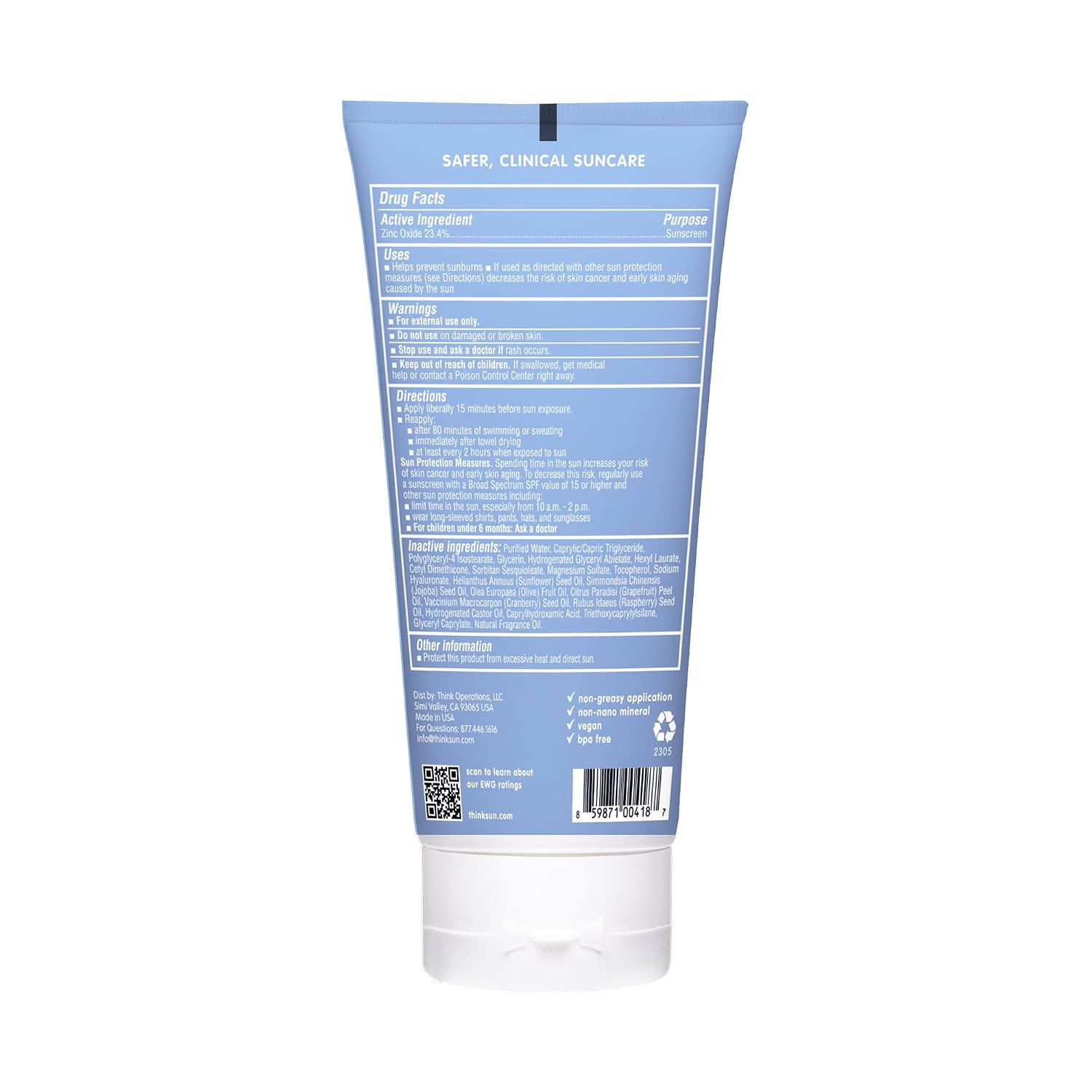 Thinksport Mineral Sunscreen SPF 50+ Zinc Oxide, Water Resistant, 3 Fl Oz