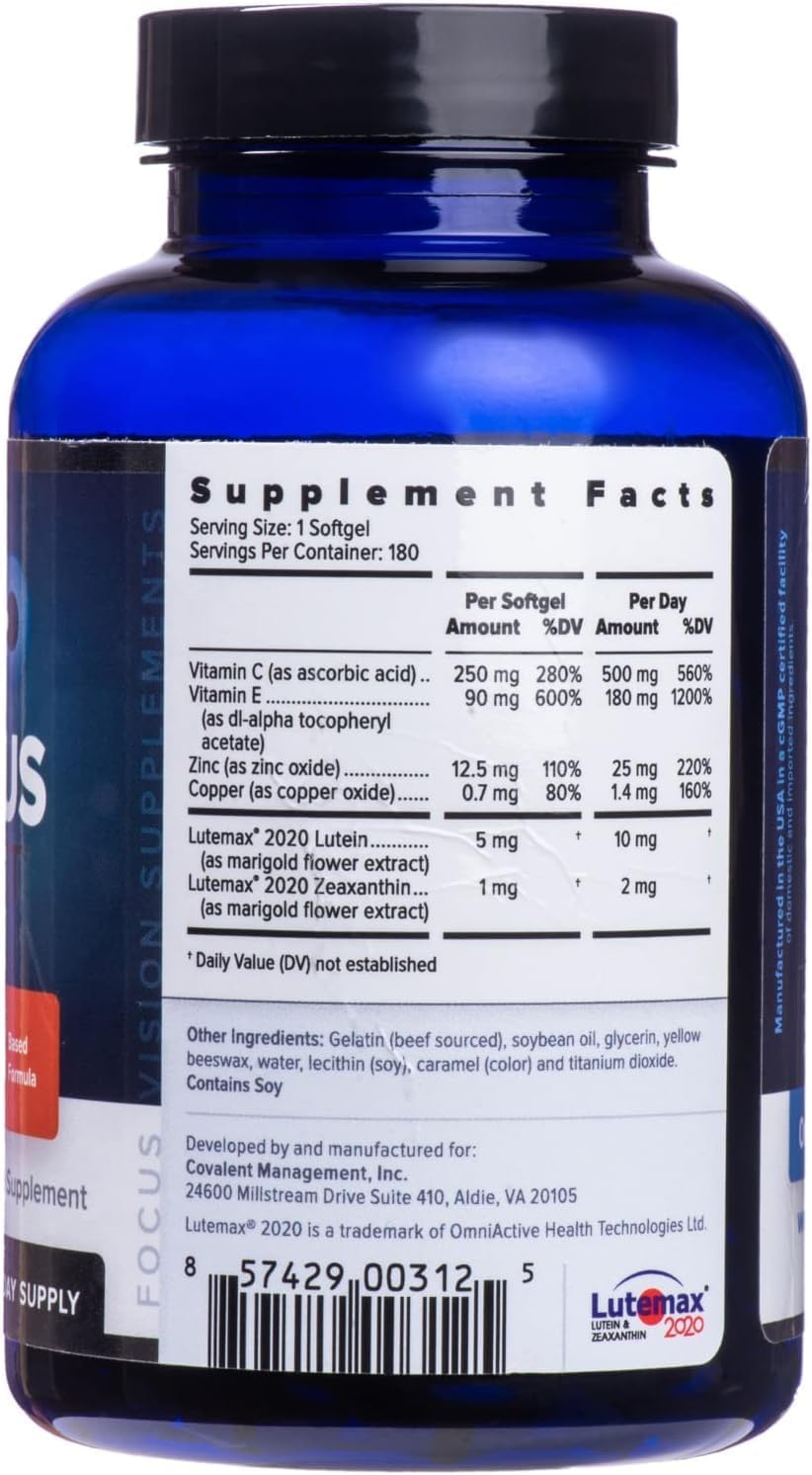 Focus Select AREDS2-Based Eye Vitamin Supplement with Low-Zinc, 180 Count | Lutein and zeaxanthin vision supplement for macular support, doctor-developed, safe for smokers, made in USA, 90-day supply