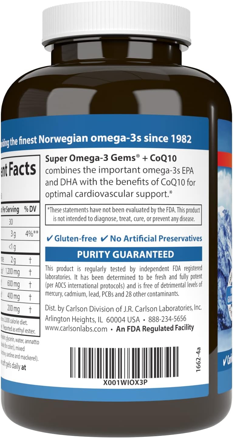 Carlson Super Omega-3 Gems + CoQ10, 1200 mg, Omega-3s, 60 Softgels | 200 mg CoQ10; Norwegian; Wild Caught; Sustainably Sourced