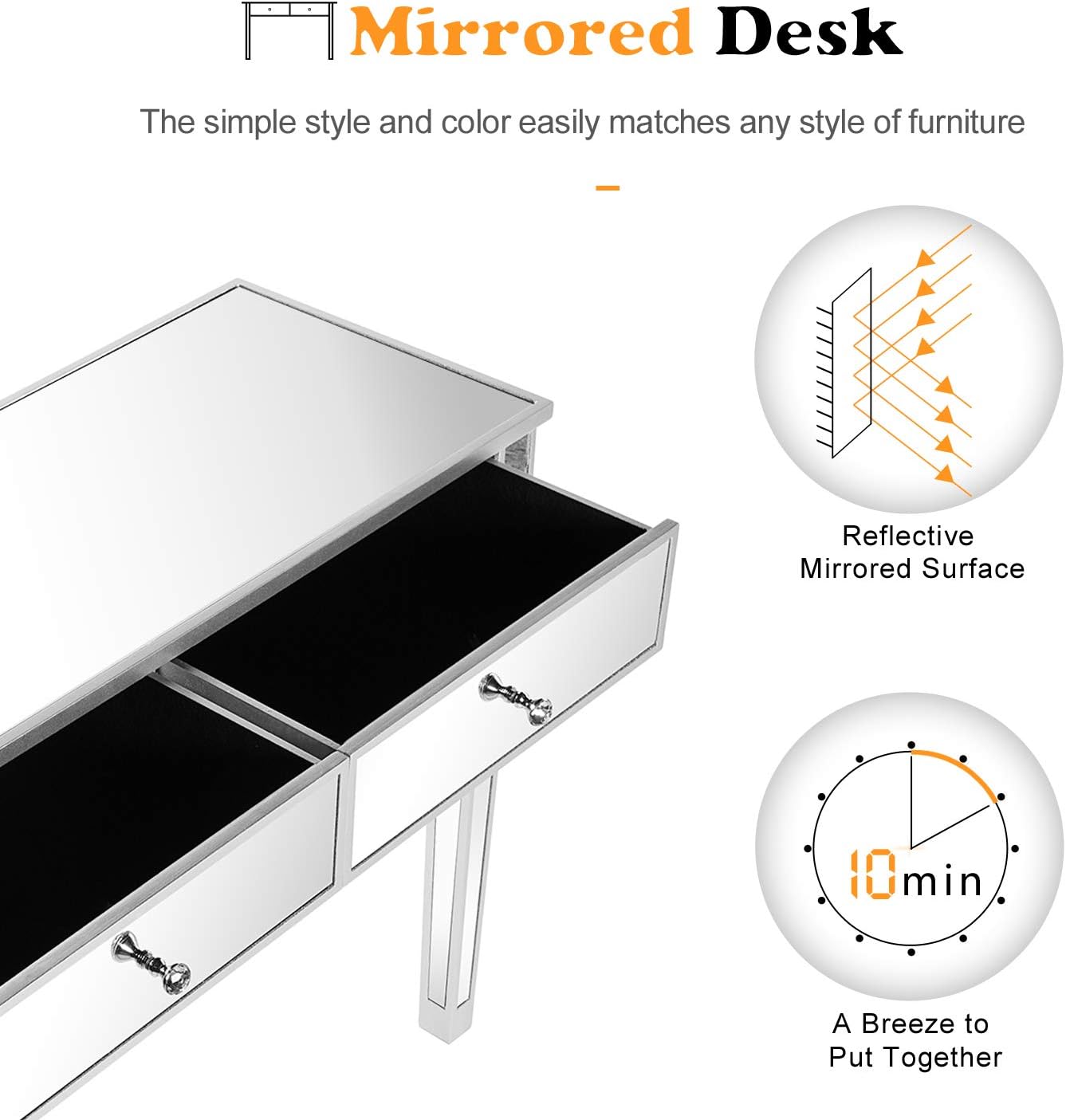 Bonnlo Mirrored Console Table with 2 Drawers for Entryway/Hallway Silver Bedroom Desk Sofa Tables for Living Room