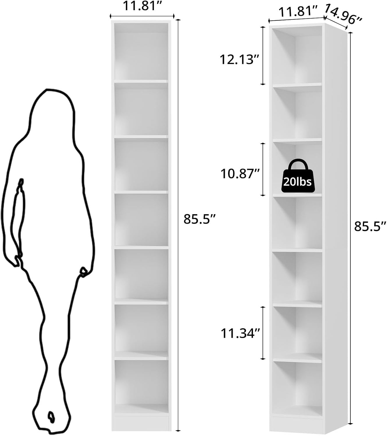 TUSY 85.5 Inch Tall Bookshelf with Doors - 7 Tier Bookcase with Glass Doors and Drawer, 23.6" Wide Storage Cabinet with Open Shelves for Living Room, White Book Shelf for Home Office, Study (AAAA)