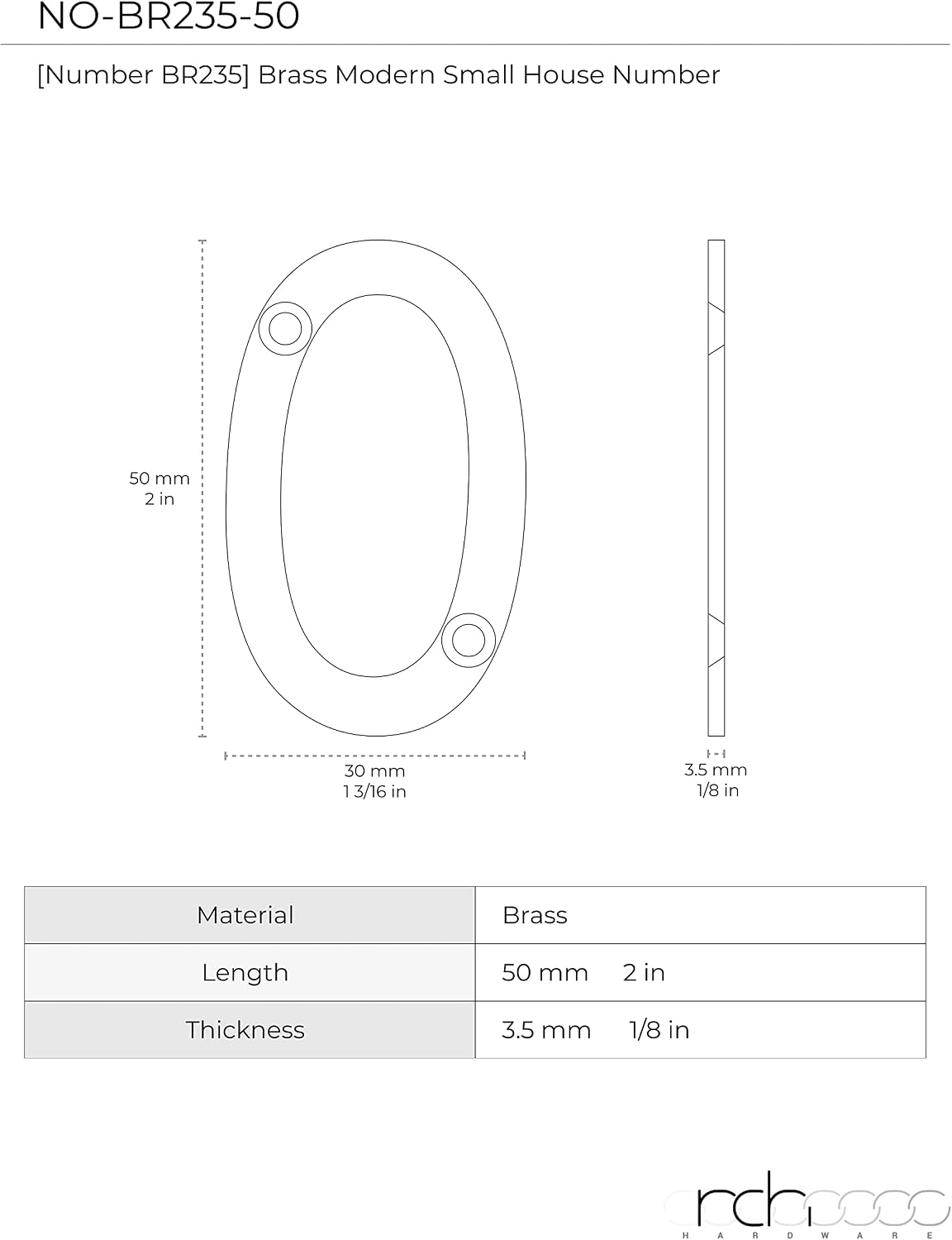 NO-BR235-50 Brass Number, 2 Inch, Polished Brass