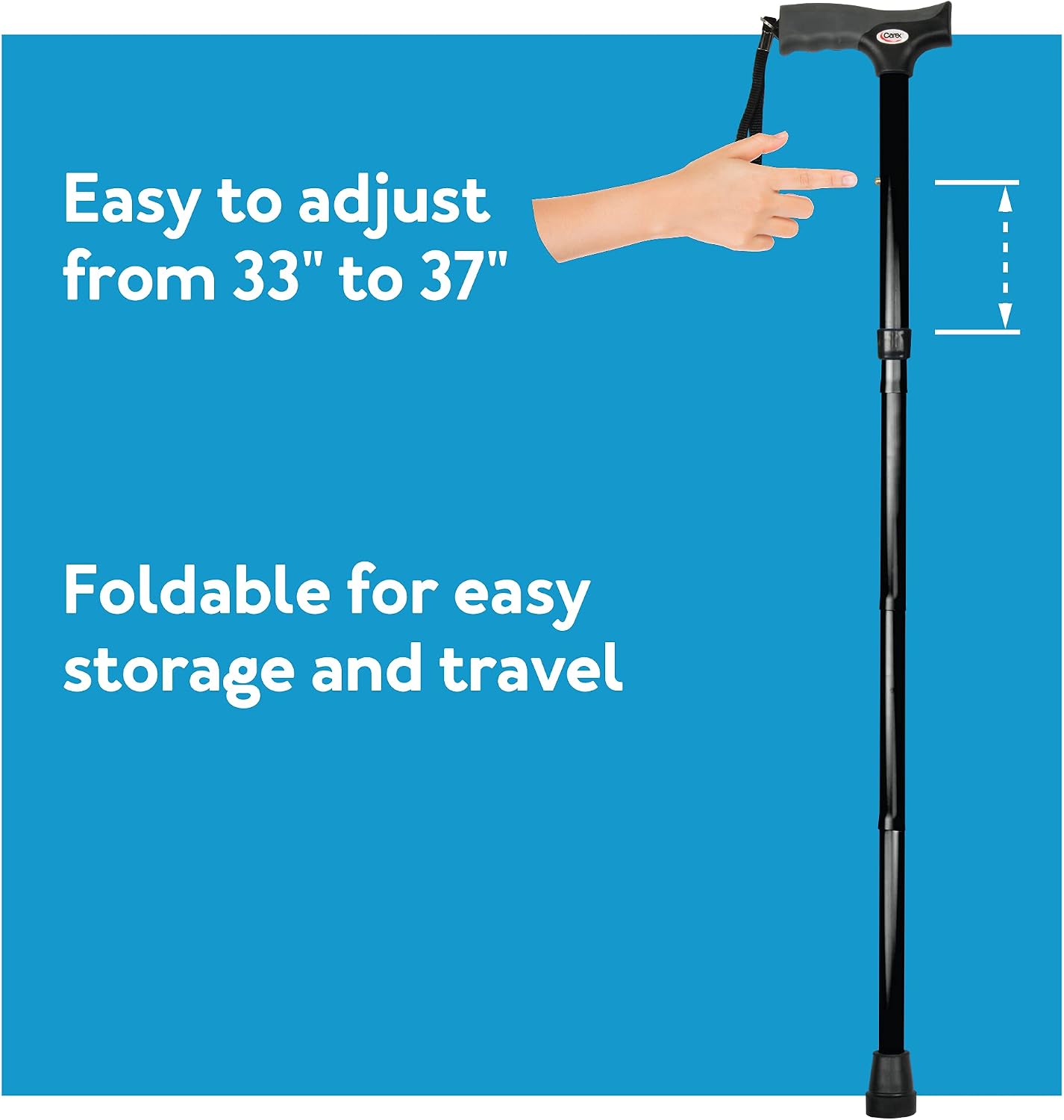 Carex Soft Grip Folding Cane - Foldable Walking Cane For Men and Women - Adjustable Height (33"-37"), Anti-Slip Rubber Tip, Soft Derby Style Ergonomic Handle, Black Cane