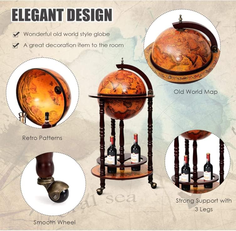 37" Inch Antique Style Wooden Globe Bar Hidden Bar