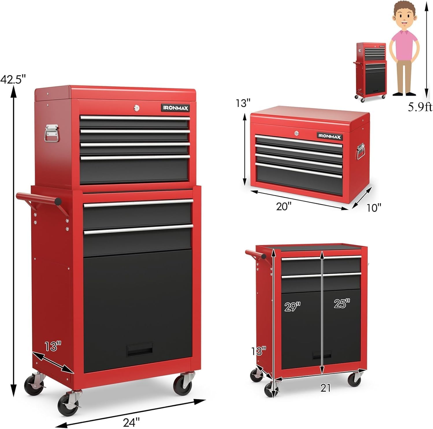 Goplus Rolling Tool Chest, 5-Drawer Tool Box Organizer w/Lockable Wheels & Sliding Drawers & Detachable Top & Adjustable Shelf, Tool Storage Cabinet for Garage Workshop (Red)
