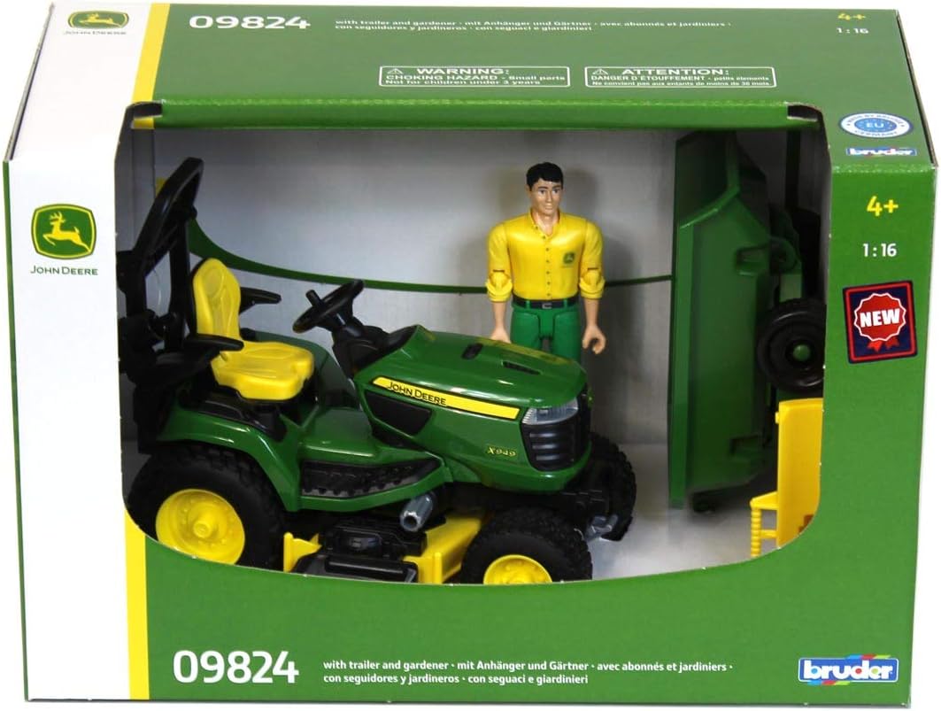 Bruder 09824 bworld John Deere Lawn Tractor w Trailer and Gardener