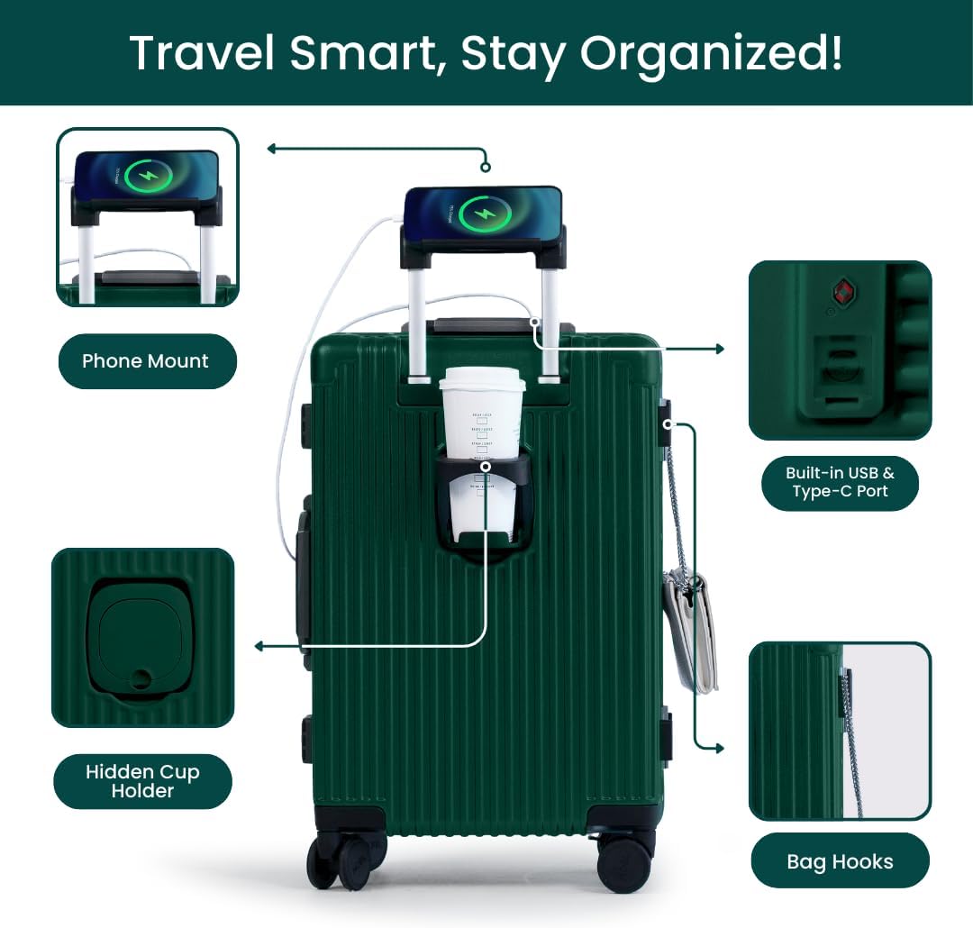 Nobl Travel Carry on Luggage, Zipperless Aluminum Frame, TSA Locks | PC Hard Shell Suitcase, Airline Approved, 360° Spinner Wheels, USB Charging Port, Cup & Phone Holder, 22.5x15x9.5, Ivory