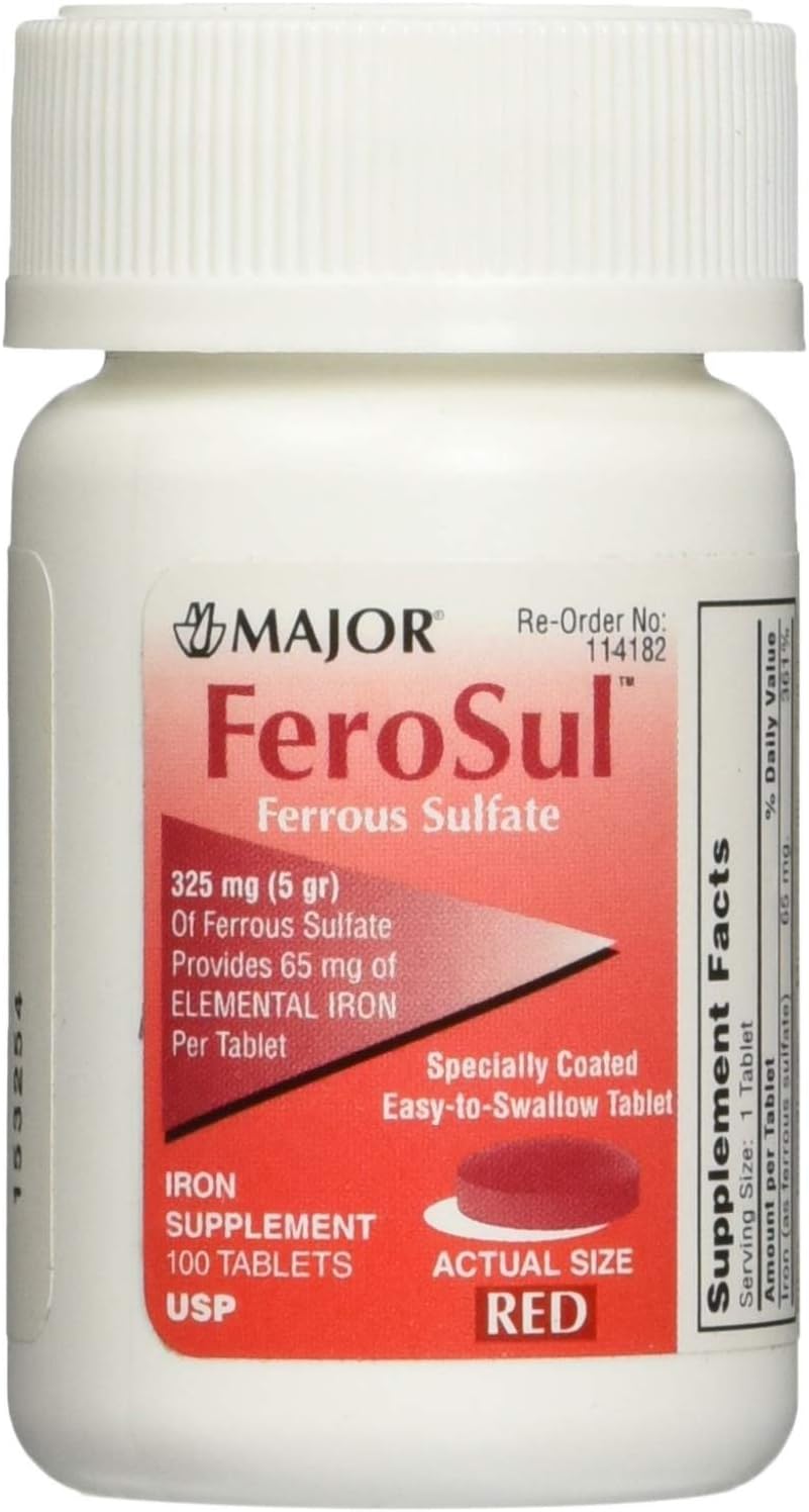 Ferrous Sulfate FC 325mg (5GR) Generic for Feosol Red Tablets 100 Tablets per Bottle 4 Pack Total 400 Tablets by Major Pharmaceuticals