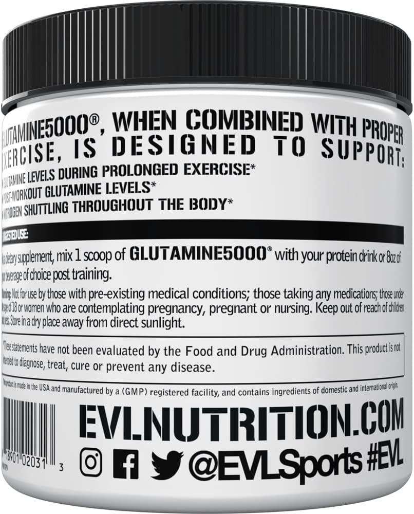 EVL L-Glutamine Powder Supplement for Post Workout Recovery, Vegan | Pure 5g L-Glutamine formula supports post-workout recovery, muscle performance