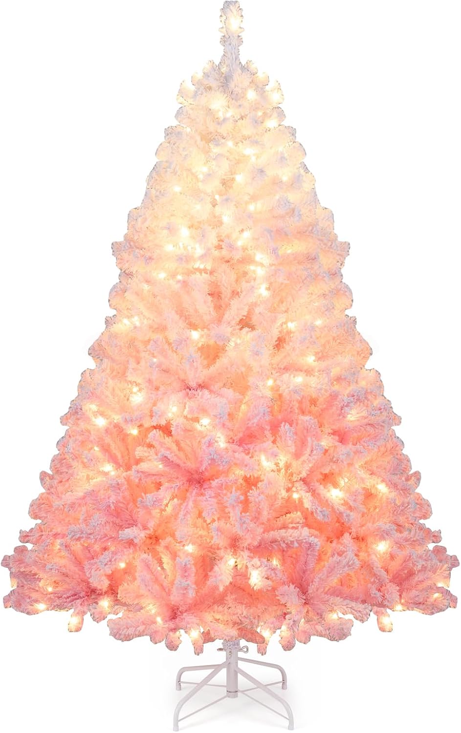 Goplus 7.5ft Pre-Lit Artificial Christmas Tree, Premium PVC Snow Flocked Hinged Pine Tree with Metal Stand and LED Lights