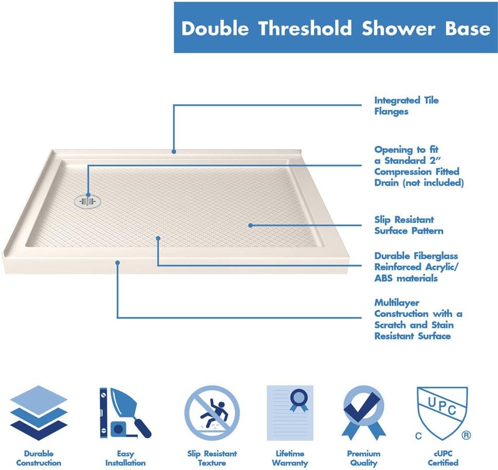 DreamLine SlimLine 34 in. D x 48 in. W x 2 3/4 in. H Right Drain Double Threshold Shower Base in White, DLT-1034482