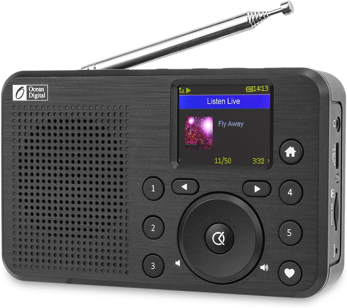 Ocean Digital WR-18 Handheld Portable Internet Radio, FM, Bluetooth Speaker, Micro SD, Rechargeable, 5 Preset Buttons, Dimmer, Auto-Off Timer