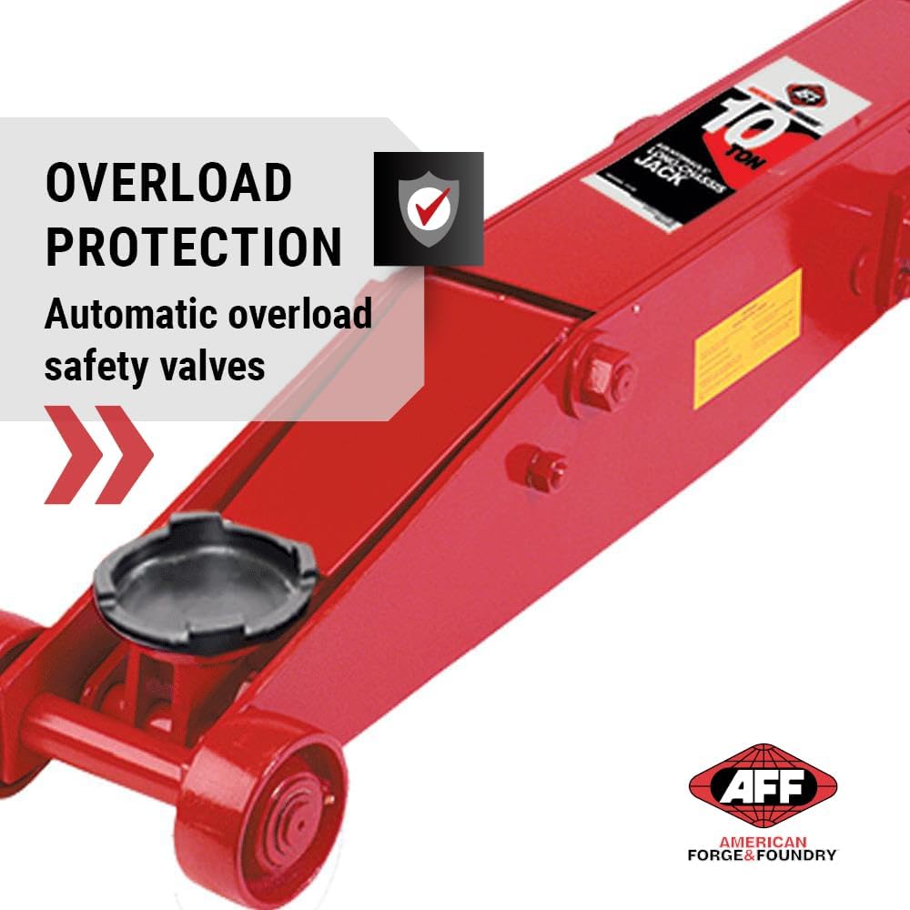 AFF 10 Ton Air Hydraulic Long Chassis Jack - for Long Overhang Vehicles | 10 T Floor Jack with Foot Pump & 3-Position Lock Handle - Ideal for Repair Shops, Bus & Truck Fleets, Heavy Duty Equipment