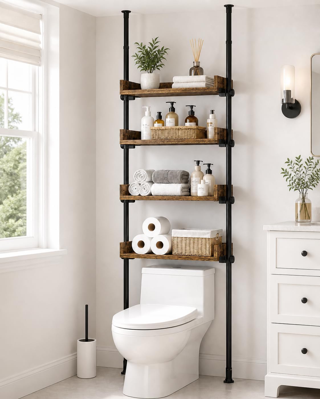 ALLZONE Bathroom Organizer, Over The Toilet Storage, 4-Tier Adjustable Wood Shelves for Small Rooms, Saver Space Rack, 92 to 116 Inch Tall