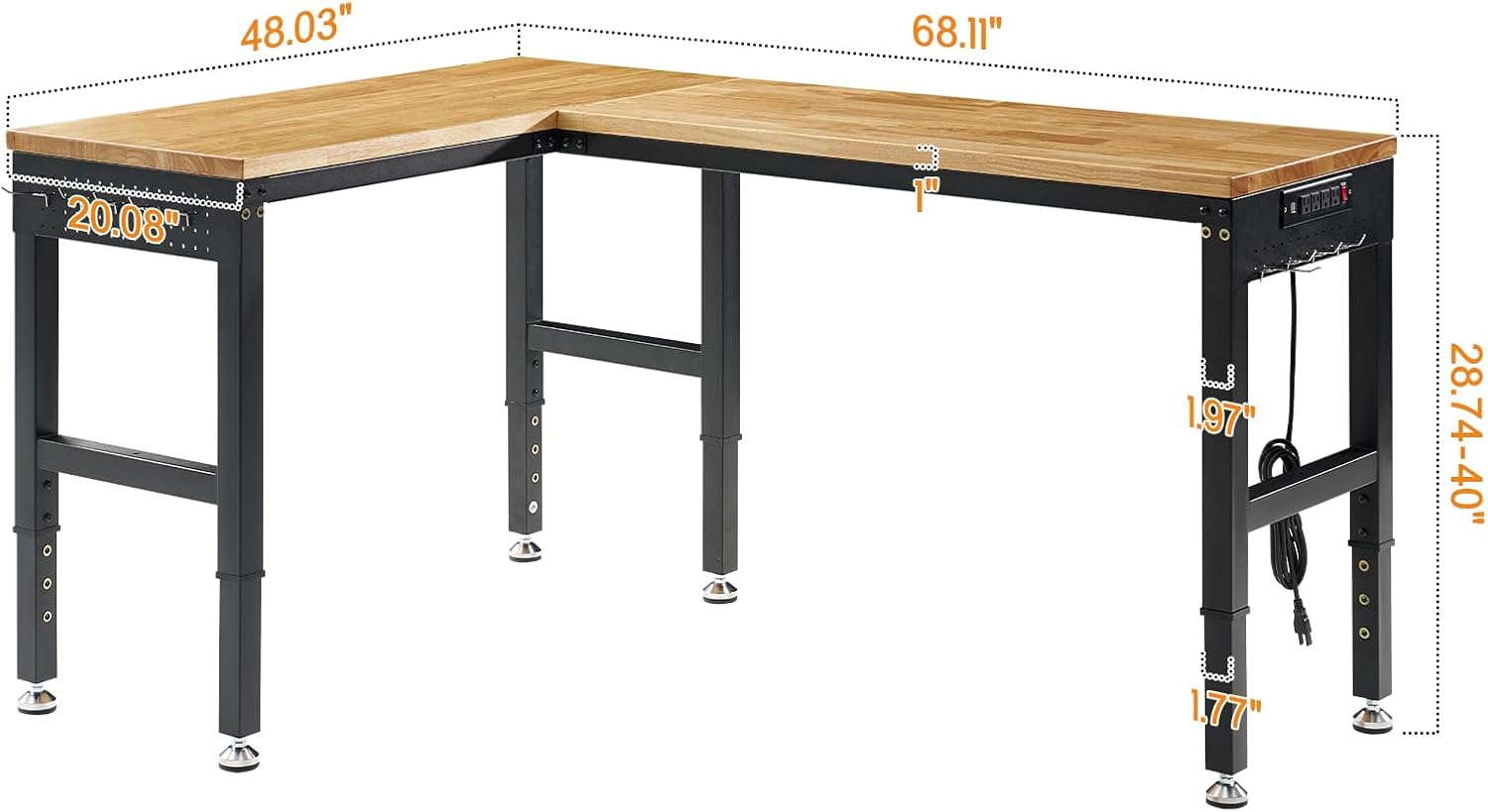 SPECRAFT Adjustable Black Heavy-Duty Workbench | 2000 Lbs Capacity, Rubber Wood Top, 4 AC Outlets and 2 USB Ports, for Garage, Workshop and Office