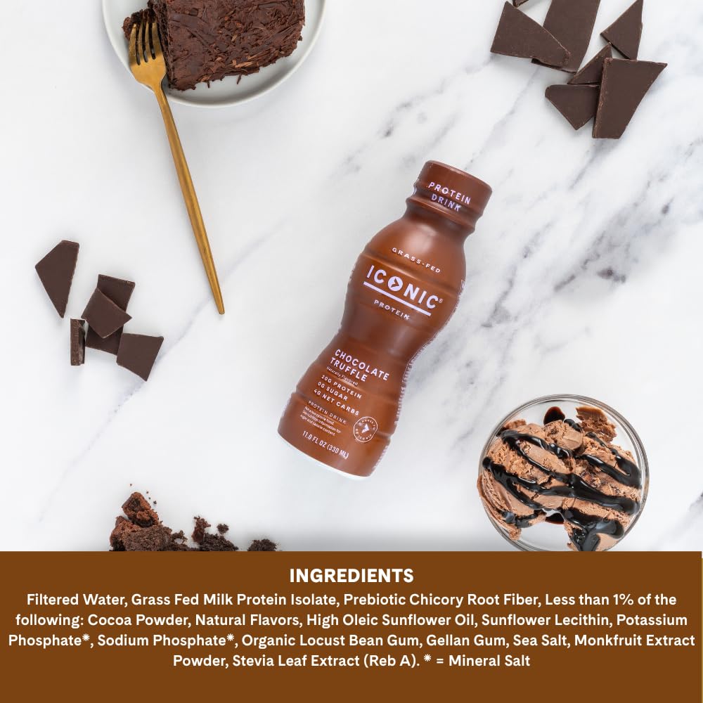 Iconic Protein Drinks, Vanilla Bean (12 Pack) - Sugar Free & Low Carb - 20g Grass Fed Protein - Lactose Free, Gluten Free, Non-GMO, Kosher - Keto Friendly Protein Shakes