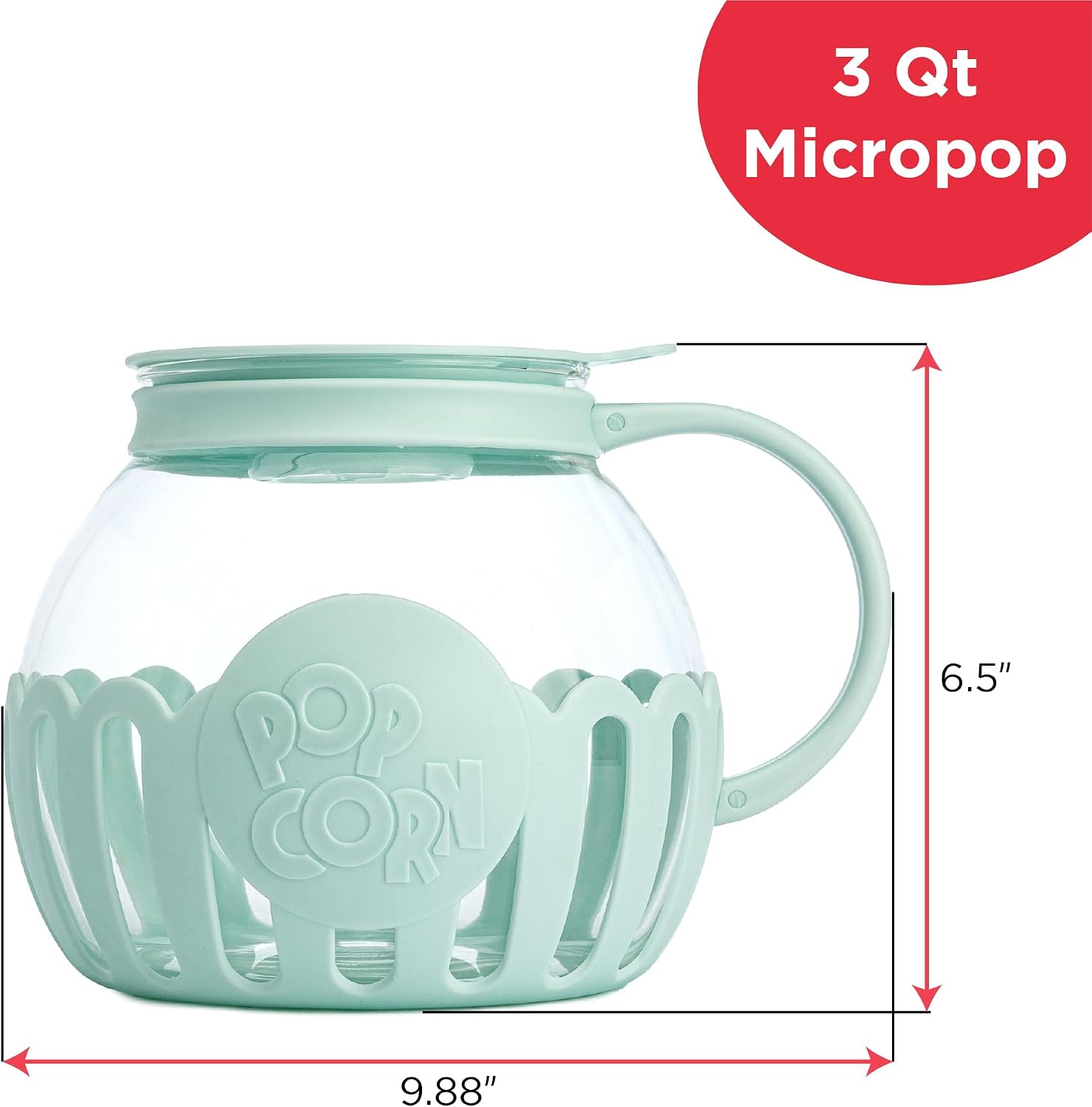 Ecolution Patented Micro-Pop Microwave Popcorn Popper with Temperature Safe Glass, 3-in-1 Lid Measures Kernels and Melts Butter, Made Without BPA, Dishwasher Safe, 3-Quart, Red