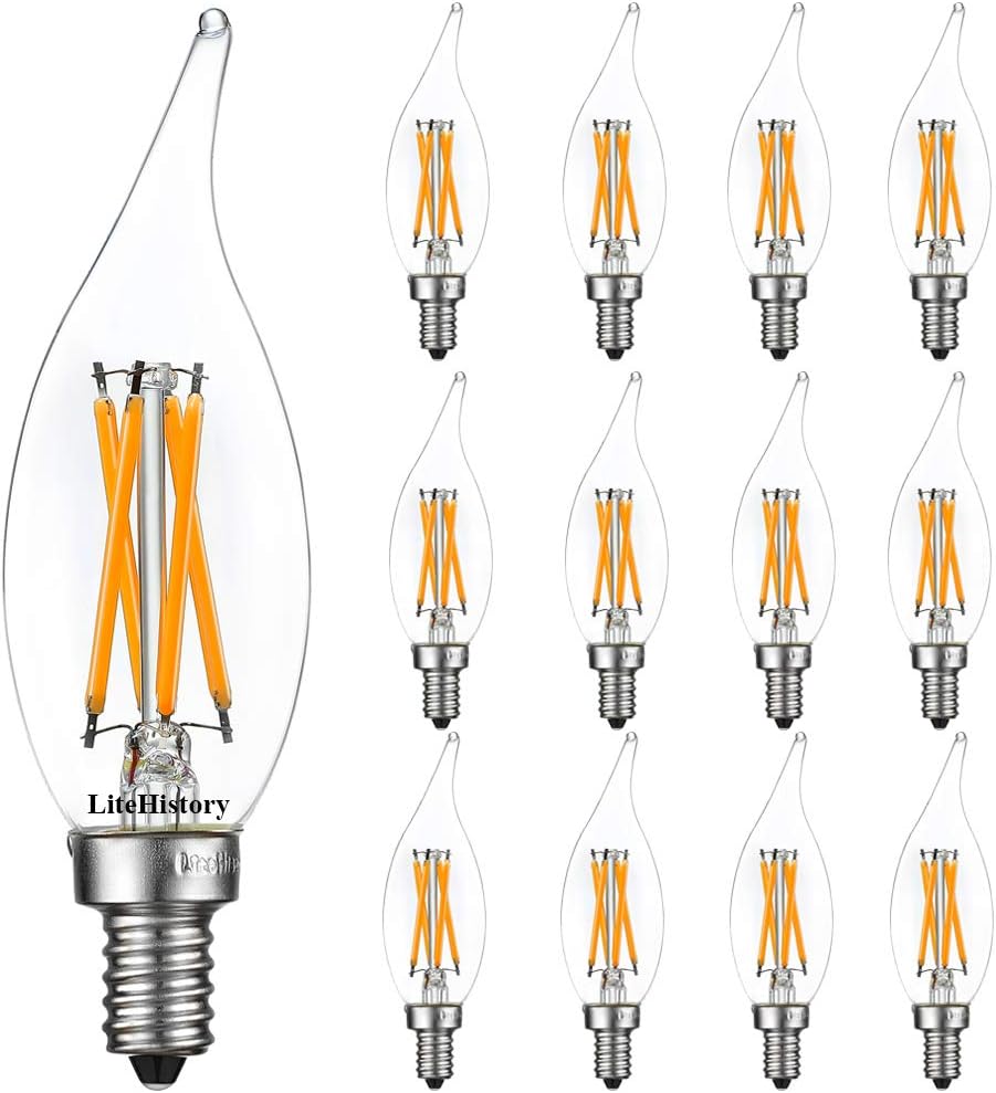 LiteHistory CA10 E12 Candelabra Bulb 40 watt,Amber Light Bulbs,2200K,6Pack | 4w=40 watt Light Bulbs,E12 Bulb,250lm,AC120V,ETL,Candelabra Light Bulbs for Chandelier Light Bulbs,Pendant,Candle Light Bulbs