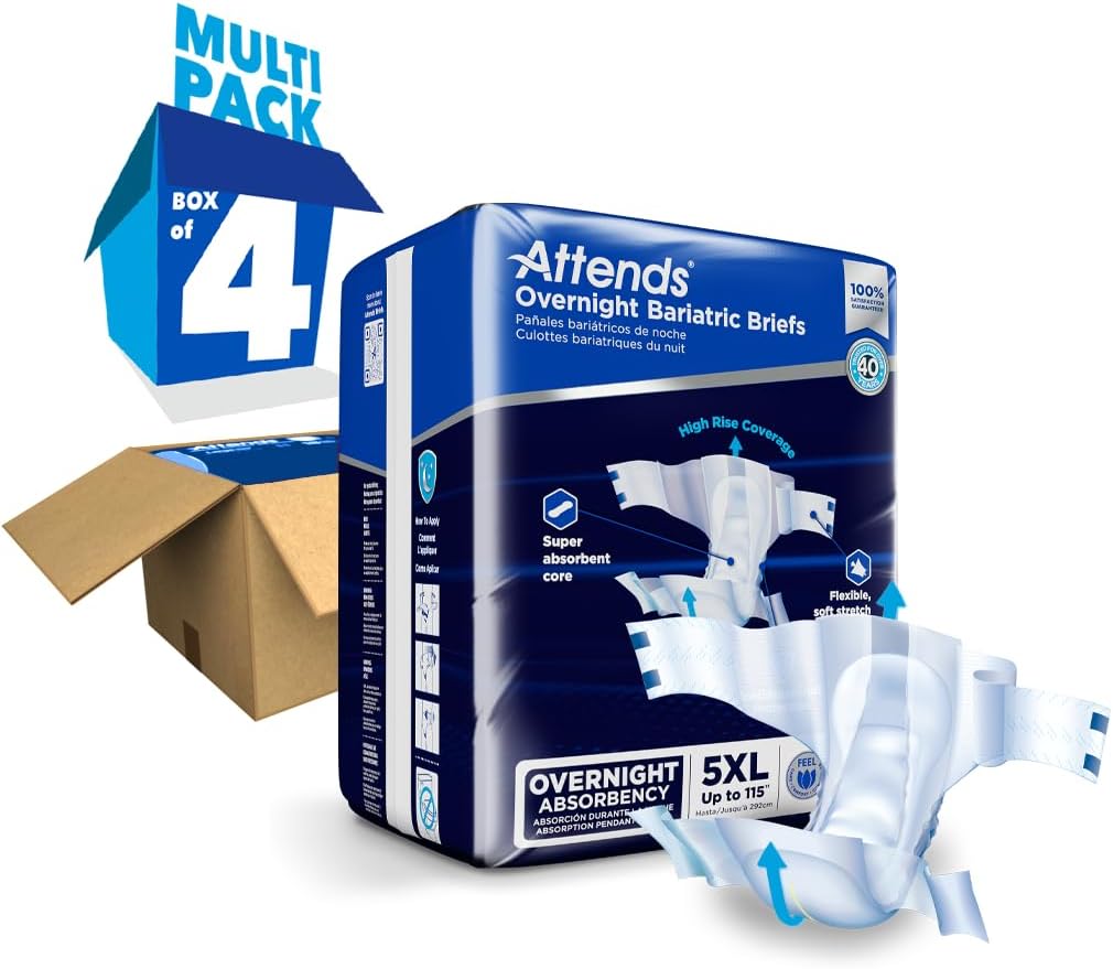 Attends Bariatric Incontinence Disposable Briefs, XX-Large, 63"-70" Waist with Tab Closures, Ultimate Absorbency, Dry-Lock Containment Core and ConfidenceCuff Leakage Protection, 2XL 48ct Case