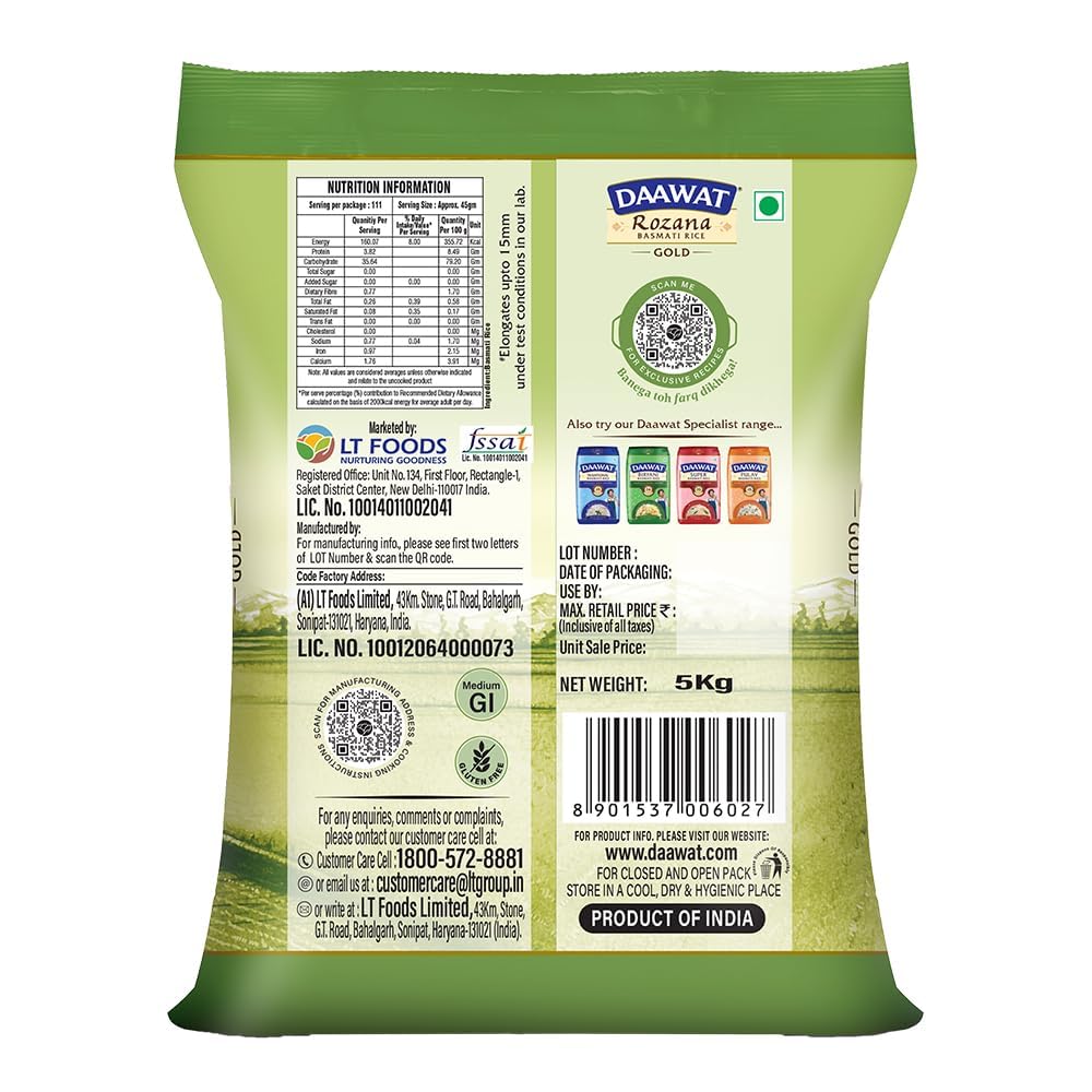 Daawat Rozana Gold Basmati Rice | Naturally Aged Long-Grain Rice | Fluffy & Non-Sticky | Ideal for Everyday Meals, 1 kg (2.2 lb)