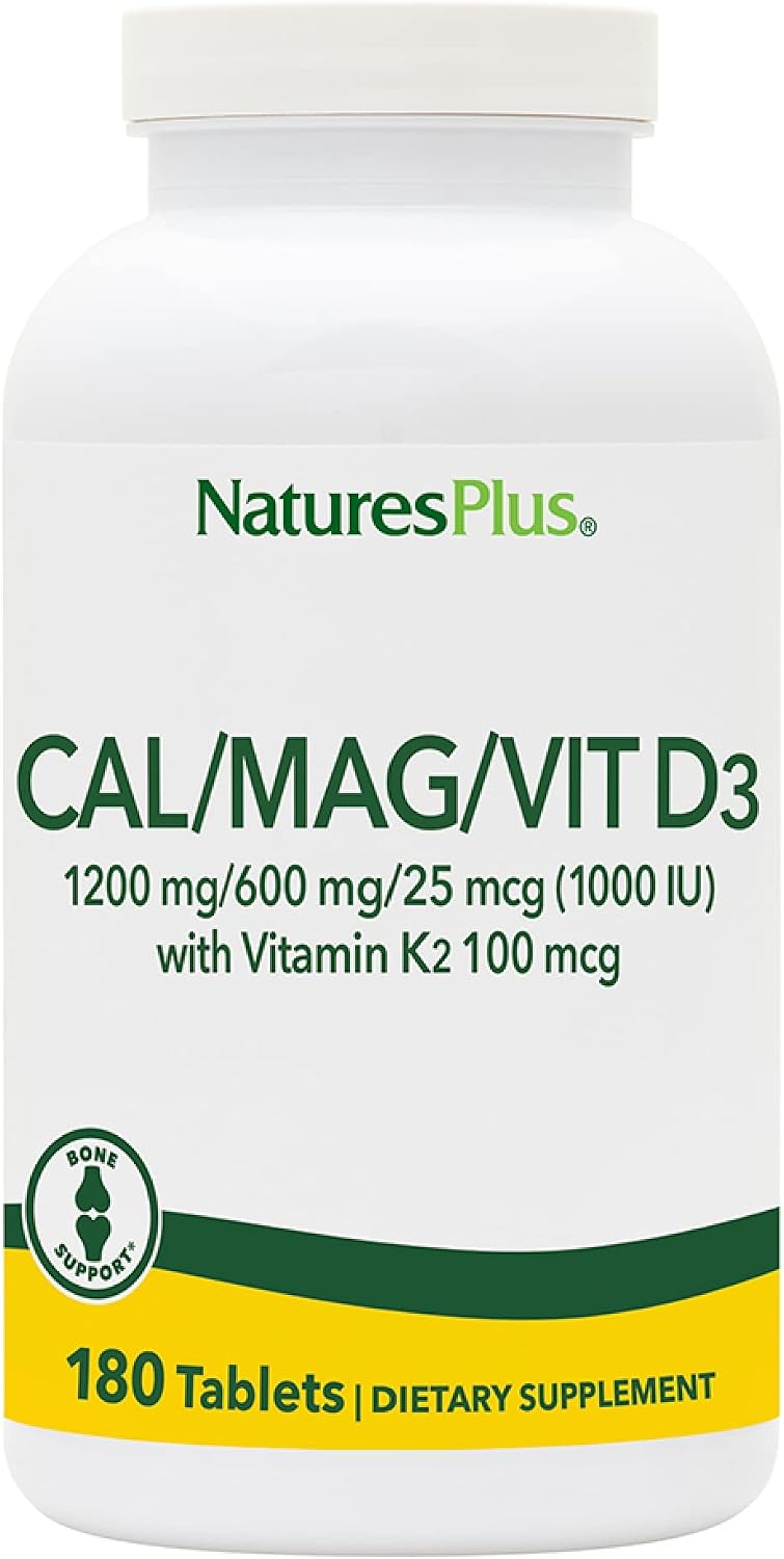 NaturesPlus Calcium/Magnesium/Vitamin D3 with Vitamin K2 - Supports Bone & Immune Health - Vegetarian, Gluten Free - 180 Tablets - 45 Servings
