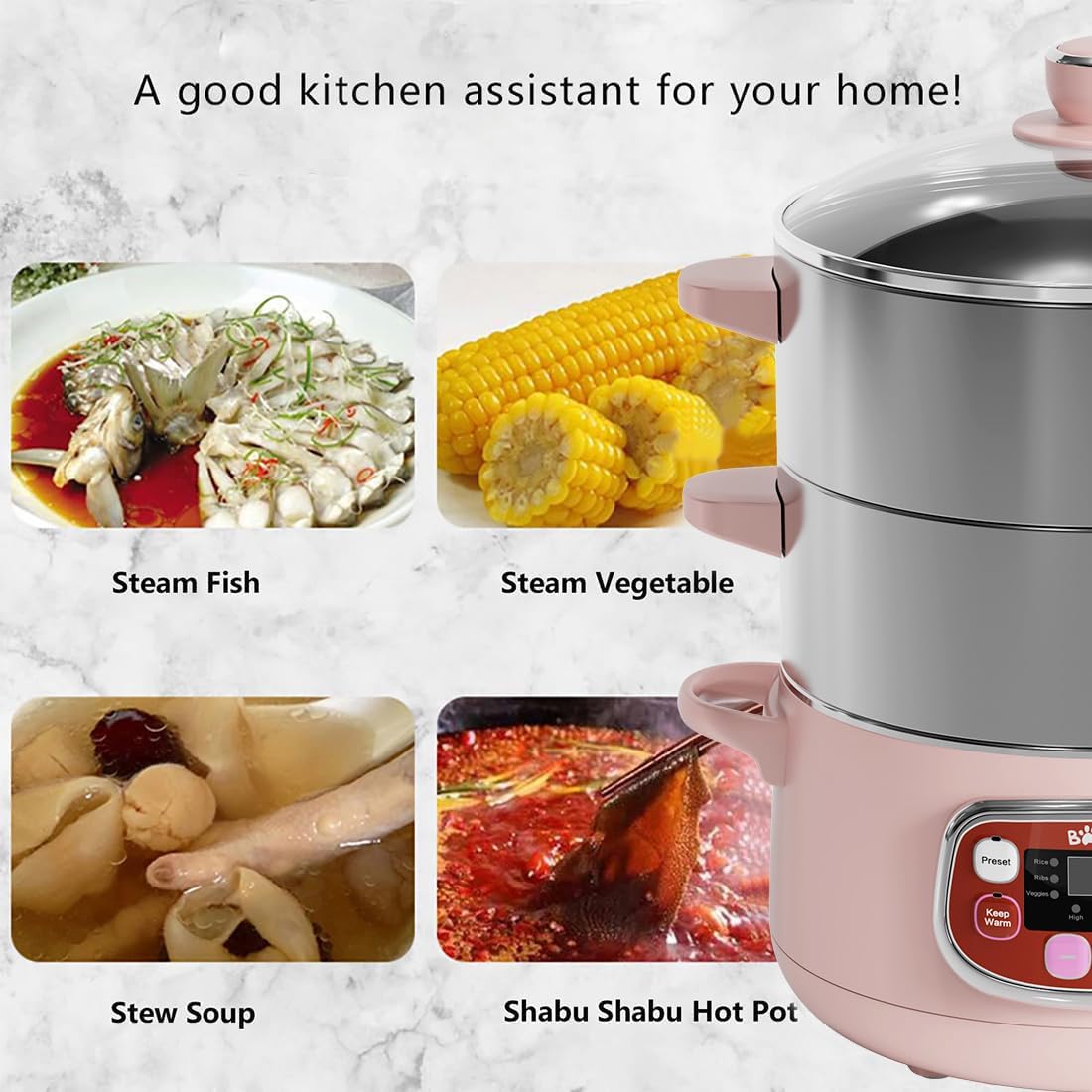 Bear Electric Multifunctional Food Steamer, One Touch Digital Steamer with Timer, Vegetable Steamer 2 Tiered Stackable Stainless Steel Baskets